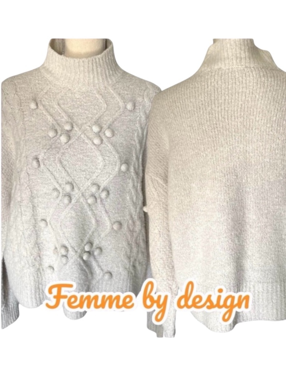 Femme by design Light Grey Mock Neck Cable Knit/Popcorn Sweater (L)